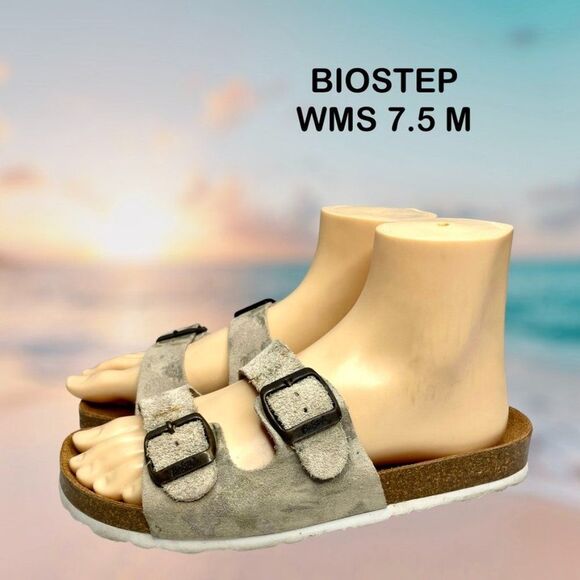 Shoes - Biostep Women's Double Adjust Buckle Beige Leather Slide Sandal Size 7.5‎ M